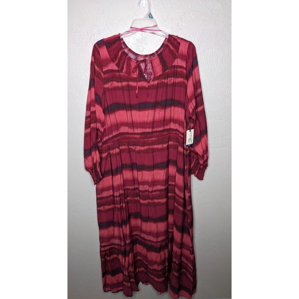 Terra & Sky Womens Plus 3X Red Washy Stripe Long Sleeve Peasant Maxi Dress